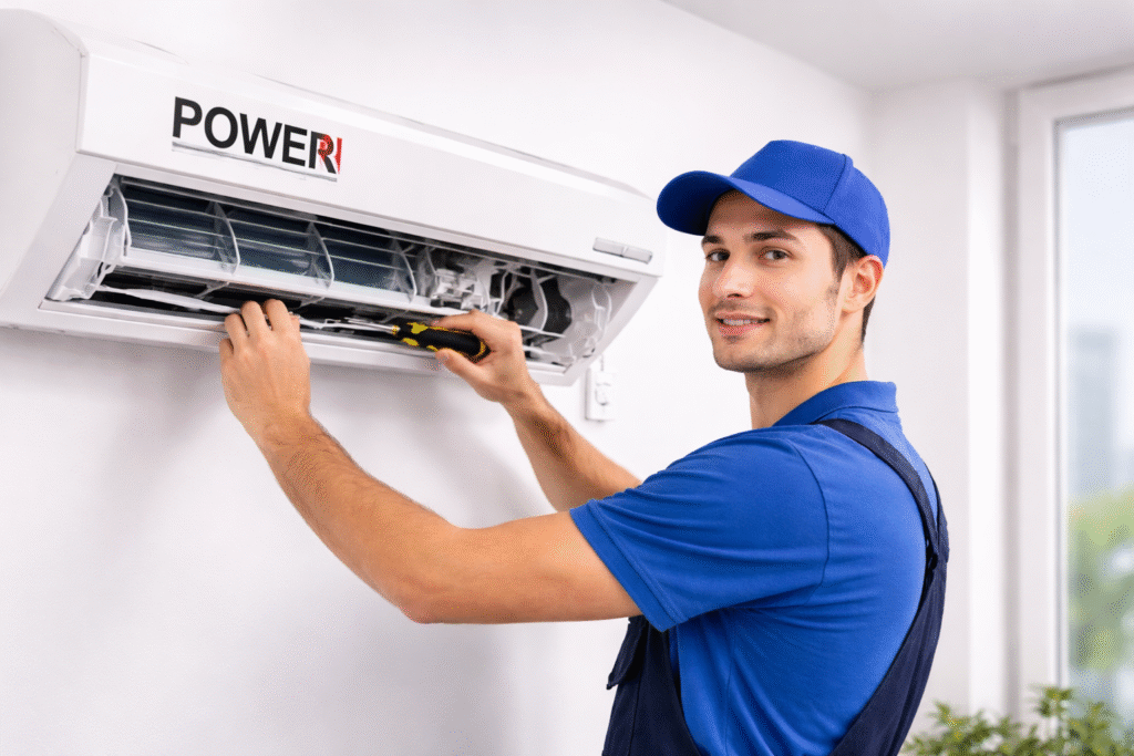 فني يقوم بـ صيانة تكييفات باور في الدقهلية داخل المنزل