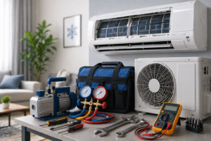 أدوات صيانة تكييفات في طنطا بجانب وحدة تكييف سبليت أثناء أعمال الفحص والإصلاح داخل المنزل