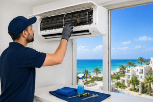 تنظيف فلتر تكييف سبليت داخل المنزل مع إطلالة على الساحل لتحسين كفاءة التبريد